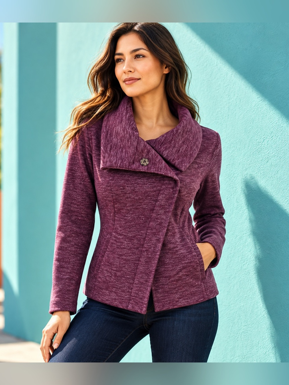 Eddie Bauer Purple Heathered Jacket with Asymmetrical Design